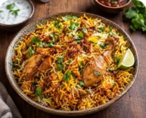 Authentic homemade chicken biryani served in a bowl with basmati rice, tender chicken, and fresh herbs