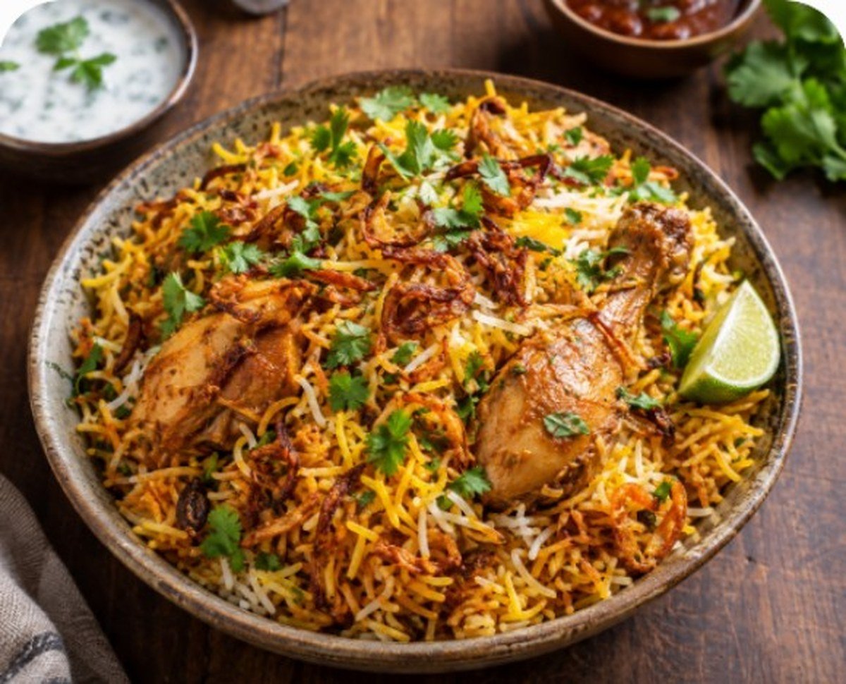 Authentic homemade chicken biryani served in a bowl with basmati rice, tender chicken, and fresh herbs